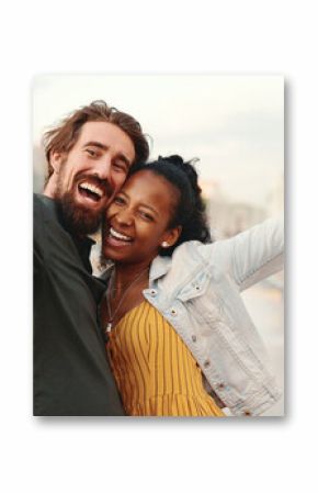 Closeup of smiling interracial couple taking a selfie on fountain background. Close-up, man and woman video chatting using a mobile phone