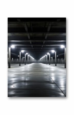 Empty underground parking in black and white with lights 