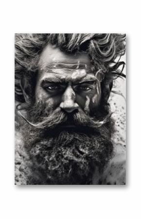 A bearded individual's likeness, where the precision of a photograph evolves into the wild freedom of black and white paint splashes, symbolizing the complexity of human essence.