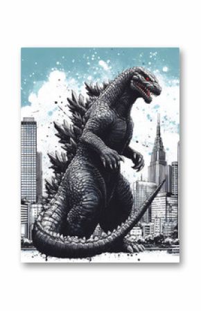 Godzilla japanese monster in thr city, black and white illustration