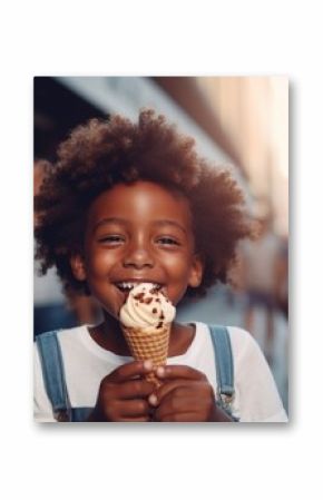 A beautiful cute young black african american baby kid child boy model guy holding and eating a gelato ice cream in a cone outside in a city on a sunny summer day. blurred background