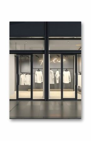 Generative AI : horizontal white empty signage on clothes shop front with glass windows