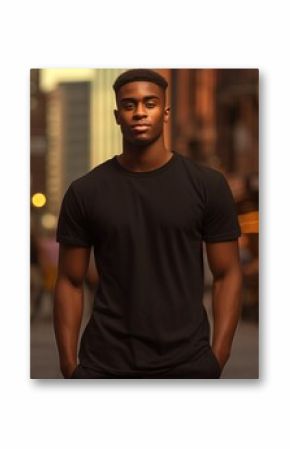 a man wears a black tshirt in the city