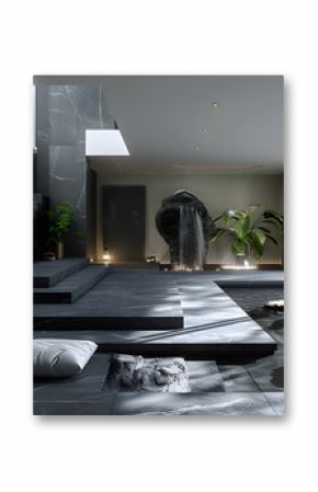 A minimalist black and white bedroom. Interior design. Created with generative AI.