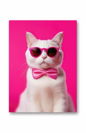 Portrait of a white cat with a bow tie on his neck and sunglasses, animal fashion concept.Business concept
