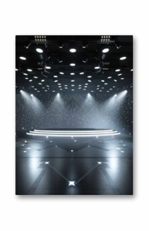 create a black and silver night club room environment with a center stage surround by white lights gleaming 