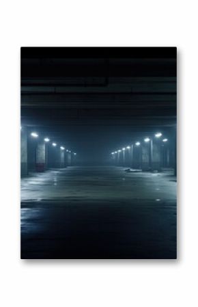 Midnight basement parking area or underpass alley. Wet, hazy asphalt with lights on sidewalls. crime, midnight activity concept.