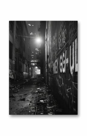 Amidst layers of graffiti and tags a message in black and white catches the eye. The simple yet powerful phrase Never Give Up is painted on a decaying concrete wall in a dimly