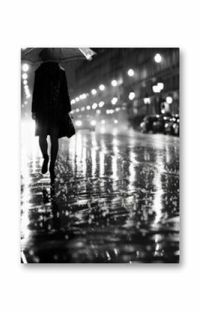A black and white photo of a lone figure walking down a rainsoaked street with the reflections of the city lights dancing on the pavement. The scene is both dreary and alluring.