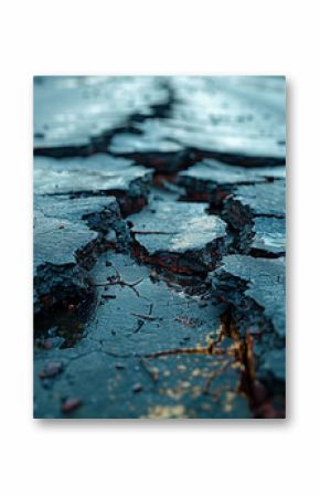 A cracked pavement with tire marks leading off the road, suggesting a vehicular accident or reckless driving. Concept of traffic-related incidents. Generative Ai.