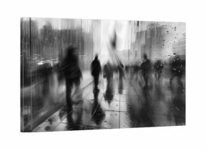 A black and white photograph capturing the contrast between the rainsplattered glass of a skyscraper and the blurred silhouettes of people rushing by underneath.