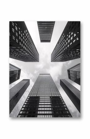 Black and white urban canyon: skyscrapers towering towards a cloudy sky, creating a dramatic perspective.