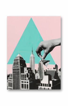 Collage with city, black and white high-rise buildings and hand 