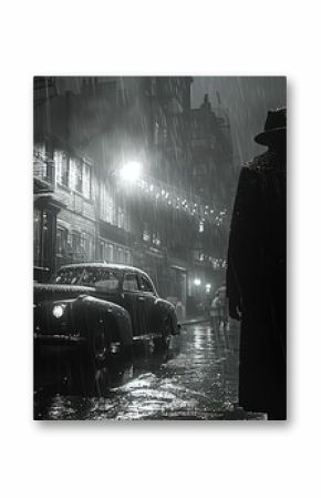 A black and white film noir image of a man in a hat and coat walking down a dark, rainy street.