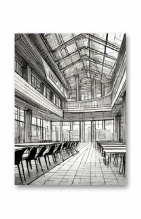 An architectural drawing of a city building interior with tables and chairs, showcasing urban design and engineering elements in black and white art