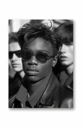 group of fashion young male on a street in city in retro style of 1980s. Vintage black and white film scan photo