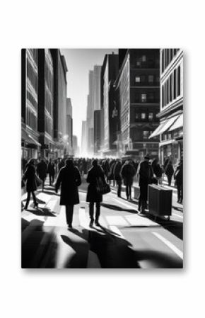 illustration, monochrome urban street scene people architecture black white, city, building, pedestrian, sidewalk, road, pavement, structure, vintage, retro,