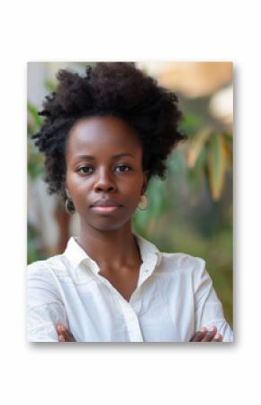 A woman with a white shirt and black hair is standing in front of a plant. She is looking directly at the camera and has her arms crossed. A black woman praying, faith concept