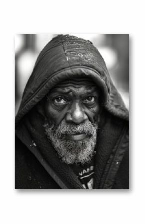 Black and white portrait of an elderly man with a hooded jacket