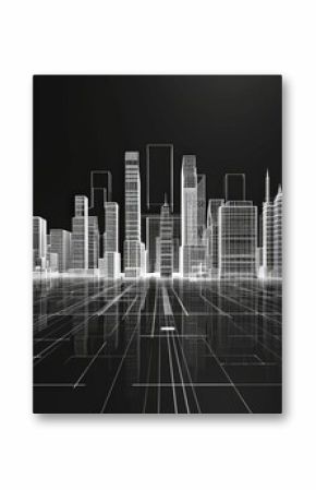 A city skyline is shown in black and white with a futuristic feel