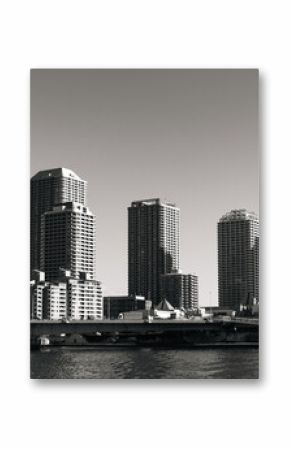 Black and white skyline highrise building of Sumida River, Chuo City, Tokyo, Honshu