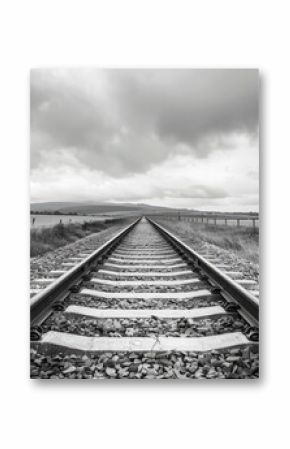 Scenic black and white photo of railway tracks in rural setting with copy space image included