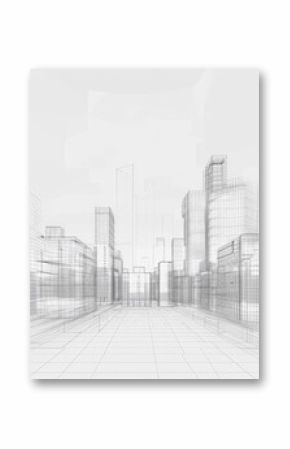Abstract wireframe cityscape illustration, black and white, conveying urban planning and architectural design, horizontal illustration, copy space