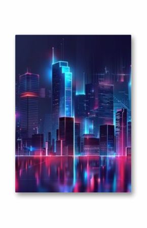 A futuristic city skyline at night with glowing lights.