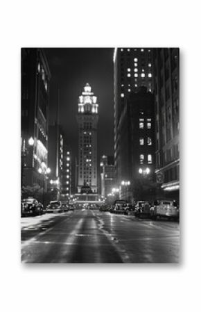 Black and white image of a city street at night, capturing the urban atmosphere