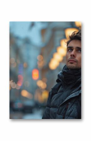 A man wearing a black coat and a backpack is standing in the snow. He looks up at the sky and he is looking at something