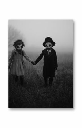 black and white horror photo of two creepy kids wearing vintage halloween costumes and masks in a misty field at night.