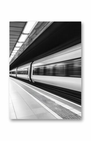 A subway train speeding past an empty platform, motion blur in black and white capturing the energy of the city subway train, urban, street photography monochrome
