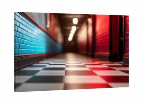  Two checkered floors, one black and white, the other unspecified  a red and blue wall