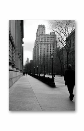 A man walks down a city street, with tall buildings on either side of him, in a black and white photo.