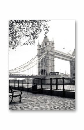 A black and white view of Tower Bridge