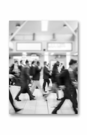 business people walking in the subway station. motion blurred black and white filter