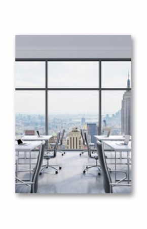 Workplaces in a modern panoramic office, New York city view from the windows. Open space. White tables and black leather chairs. A concept of financial consulting services. 3D rendering.