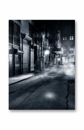 Nastrojowy monochromatyczny widok Cortlandt Alley nocą, w Chinatown w Nowym Jorku