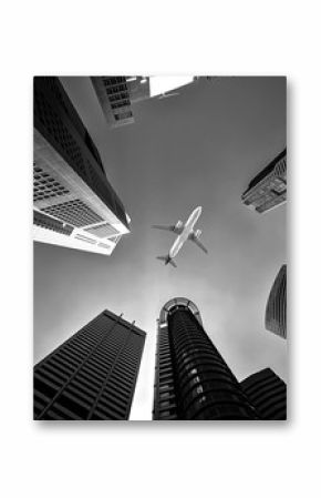 Tall city buildings and a plane flying overhead, Black and White tone