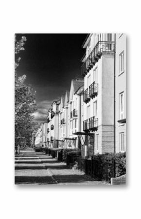 Modern new terraced houses and apartment flats in Cardiff, Wales, UK, black and white image