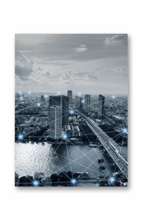 Black and white smart city with network connections, communication technology concept