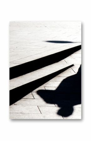 Blurry silhouette shadow of a man walking on a city sidewalk with steps  in black and white