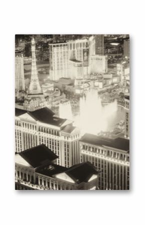 LAS VEGAS, NV - JUNE 30, 2018: Night lights of the Strip from helicopter, black and white view. Las Vegas is a famous gambling destination