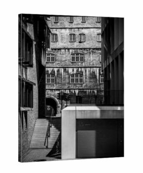 Black and white street photo, architecture in Ulm, Germany with modern and traditional buldings