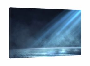 Wet asphalt, reflection of neon lights, a searchlight, smoke. Abstract light in a dark empty street with smoke, smog. Dark background scene of empty street, night view, night city.