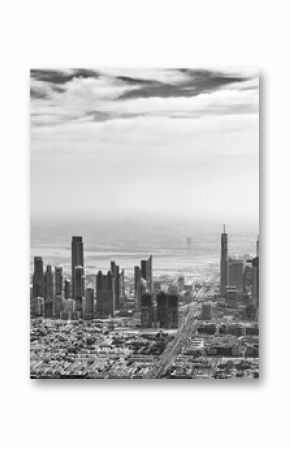 Panoramic aerial view of Dubai skyline in black and white, United Arab Emirates