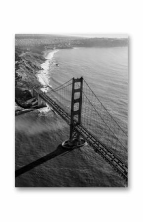 Black and white arial image of the golden gate bridge in San Francisco