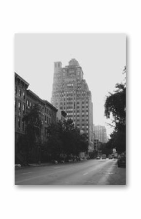 Empty New York street with skyscraper in the background in black and white