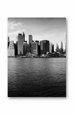 Black and white image of Buildings at the waterfront, Brooklyn Bridge Park, Brooklyn, Manhattan, New York City, New York State, USA.