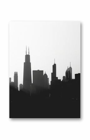 A black and white silhouette of the Chicago skyline at dawn, showcasing the citys iconic skyscrapers, Highlight the dynamic skyline of Chicago, with varying heights and shapes